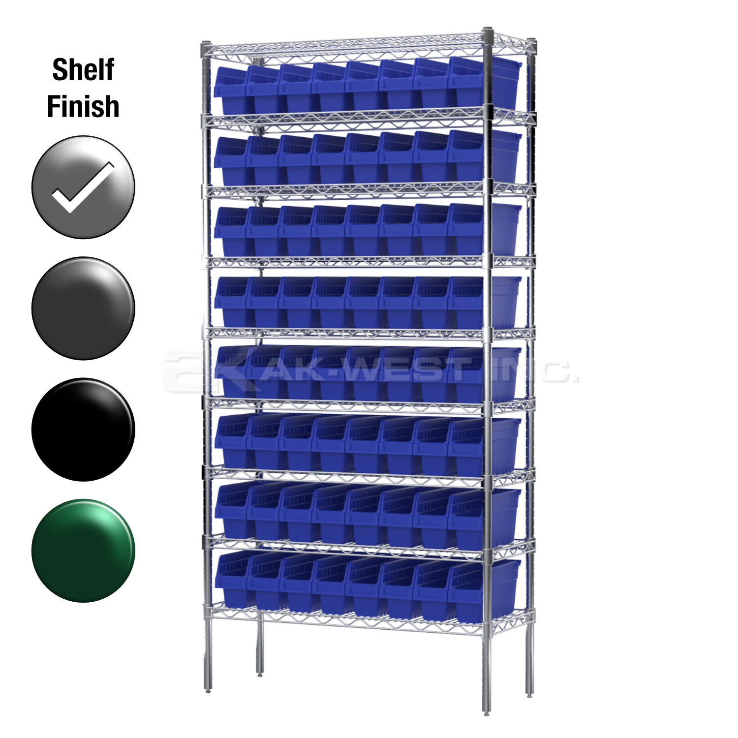 12"D x 36"W x 74"H Chrome Shelf w/ (9) Shelves and (64) 30040s