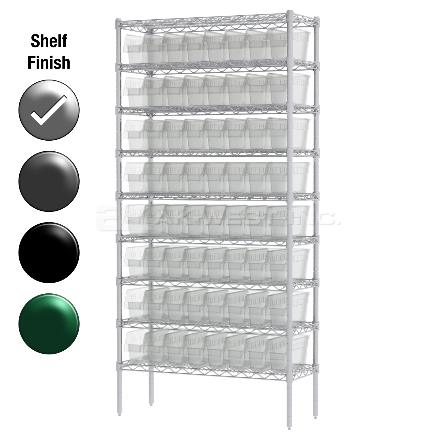 12"D x 36"W x 74"H Chrome Shelf w/ (9) Shelves and (64) 30040s