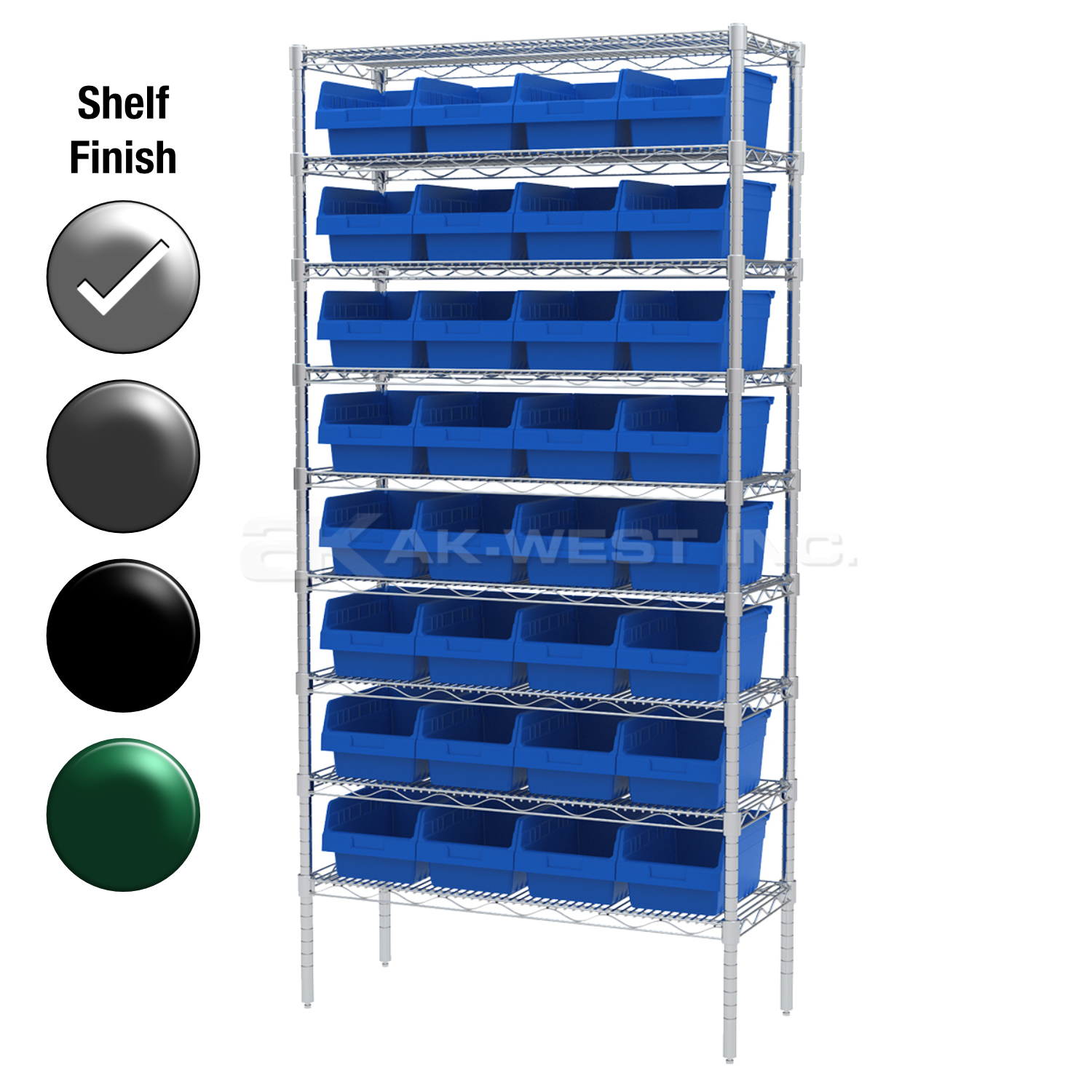 12"D x 36"W x 74"H Chrome Shelf w/ (9) Shelves and (32) 30080s