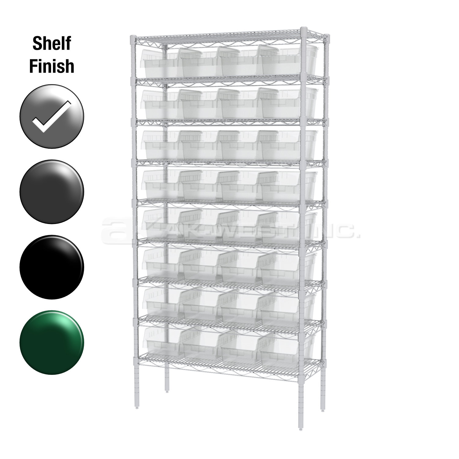12"D x 36"W x 74"H Chrome Shelf w/ (9) Shelves and (32) 30080s