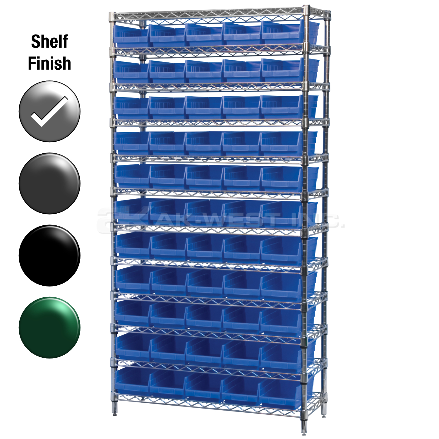 12"D x 36"W x 74"H Chrome Shelf w/ (12) Shelves and (55) 30130s