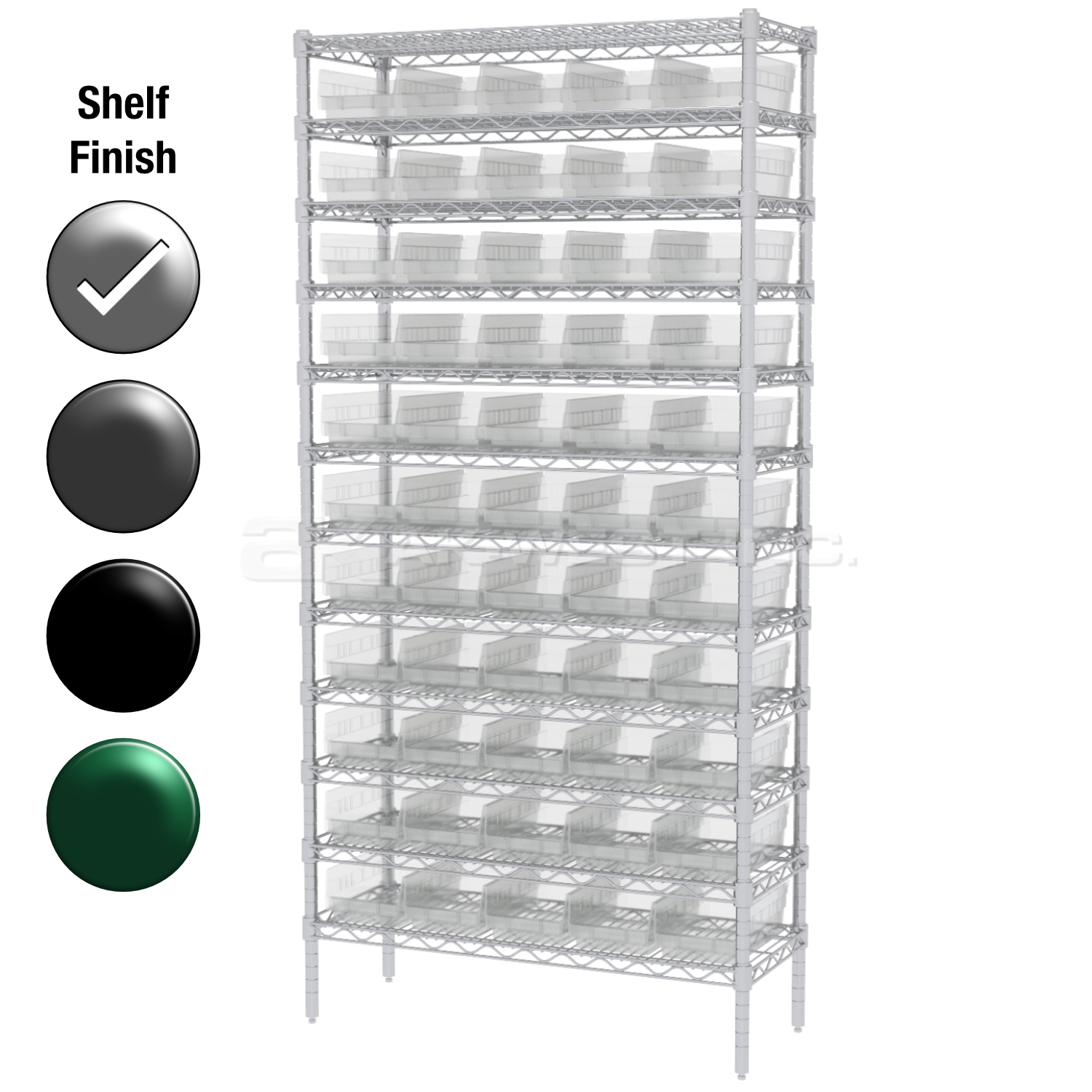 12"D x 36"W x 74"H Chrome Shelf w/ (12) Shelves and (55) 30130s