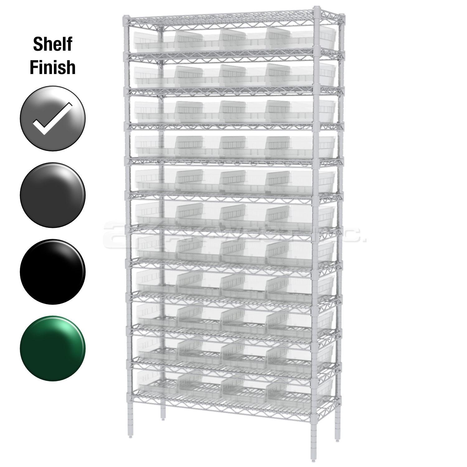 12"D x 36"W x 74"H Chrome Shelf w/ (12) Shelves and (44) 30150s