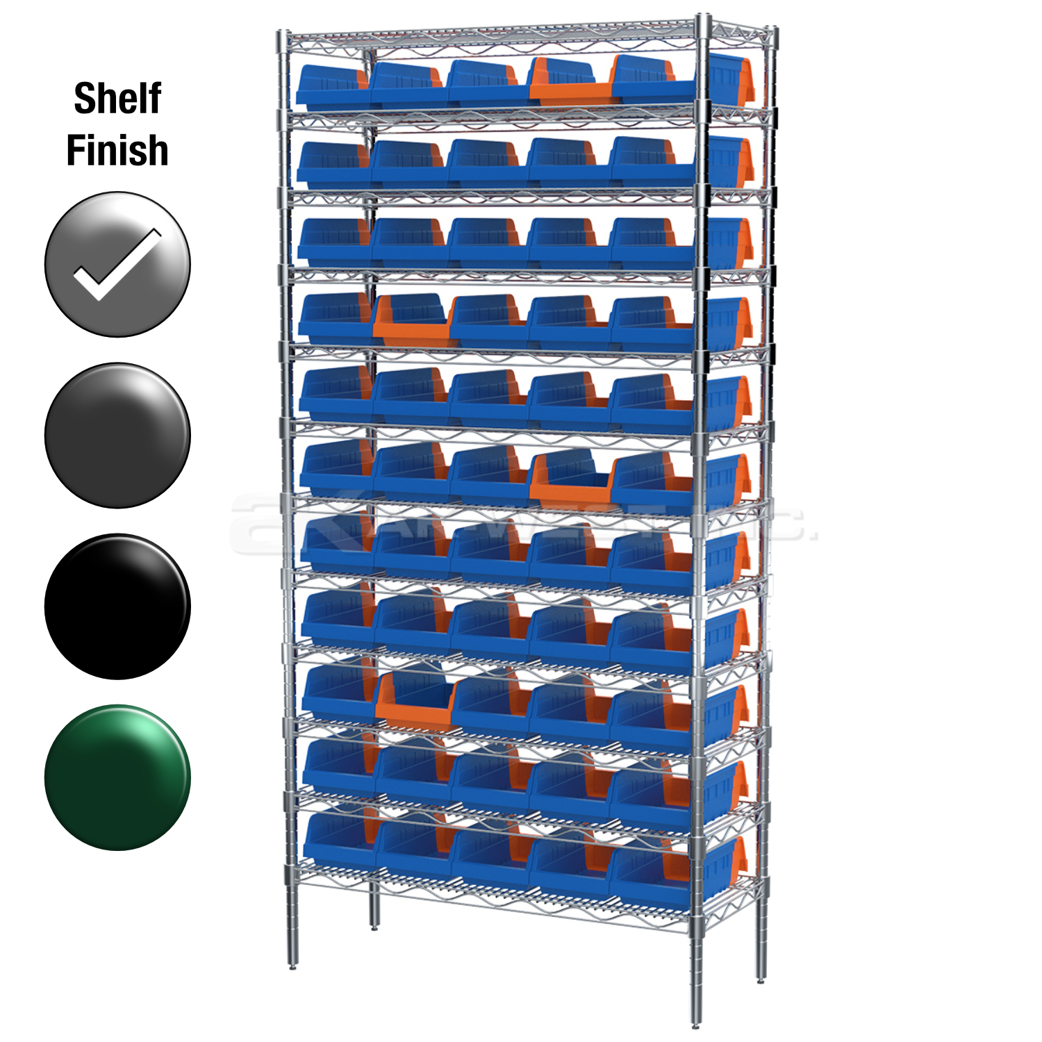 12"D x 36"W x 74"H Chrome Shelf w/ (12) Shelves and (55) 36462s