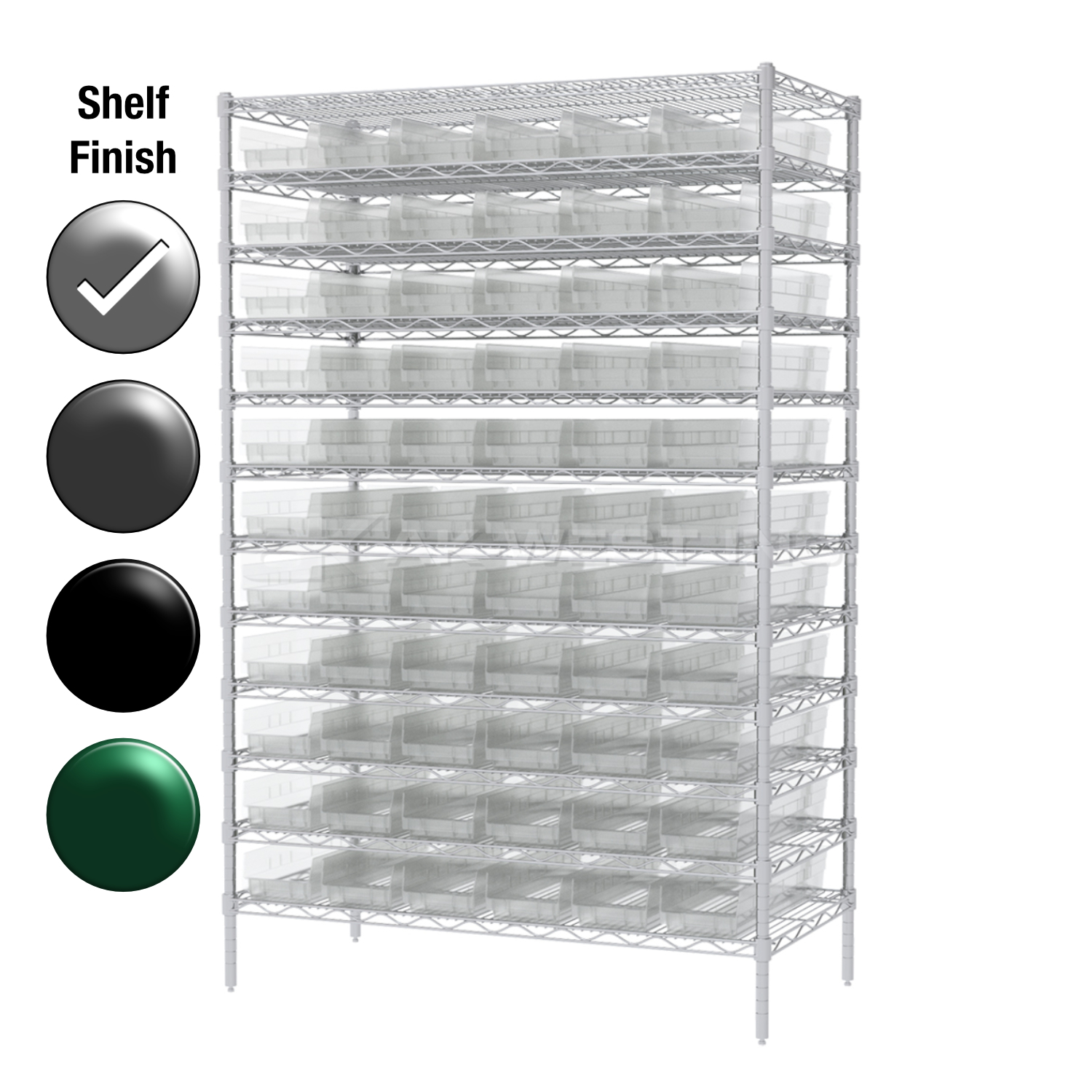 12"D x 48"W x 74"H Chrome Shelf w/ (12) Shelves and (66) 30130s