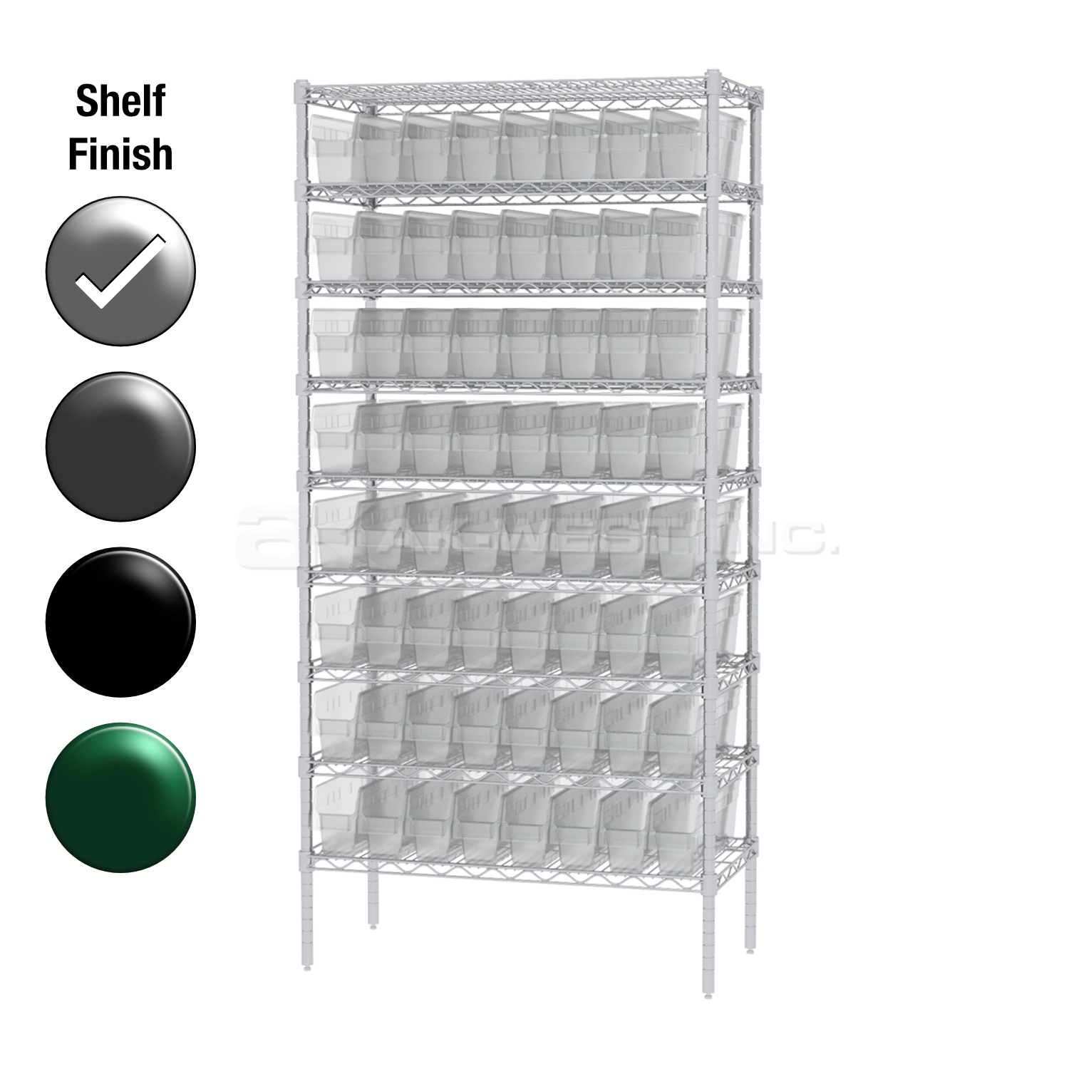 18"D x 36"W x 74"H Chrome Shelf w/ (9) Shelves and (64) 30048s
