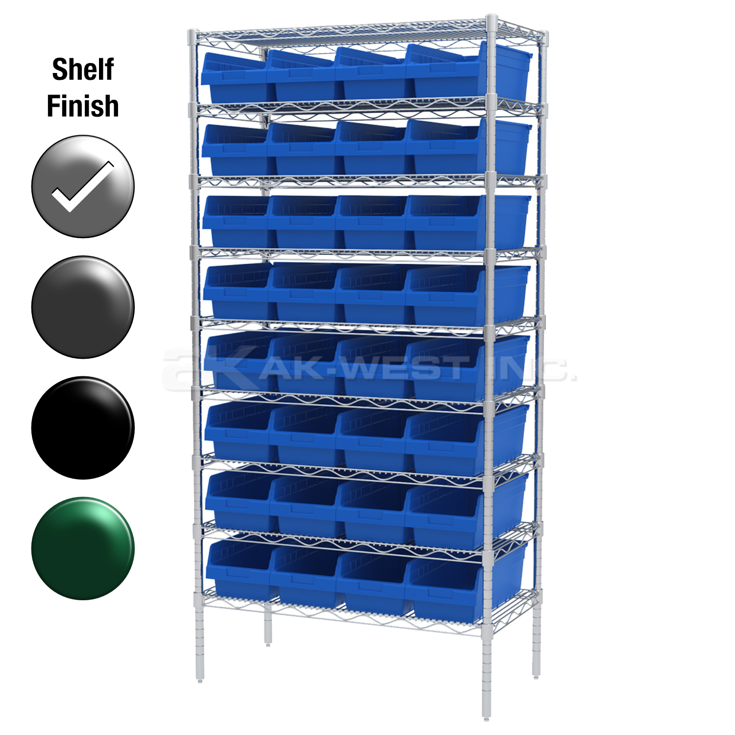18"D x 36"W x 74"H Chrome Shelf w/ (9) Shelves and (32) 30088s