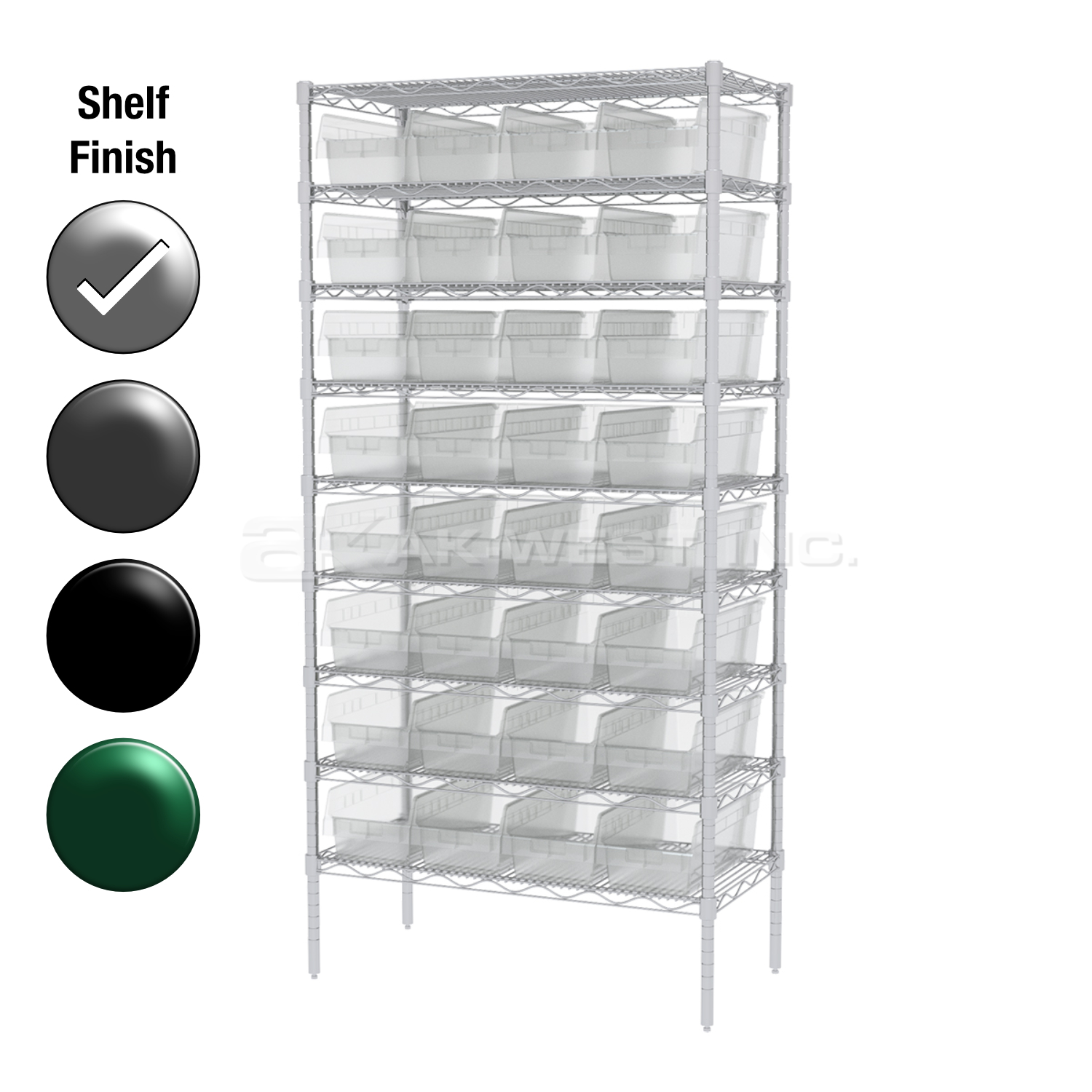 18"D x 36"W x 74"H Chrome Shelf w/ (9) Shelves and (32) 30088s