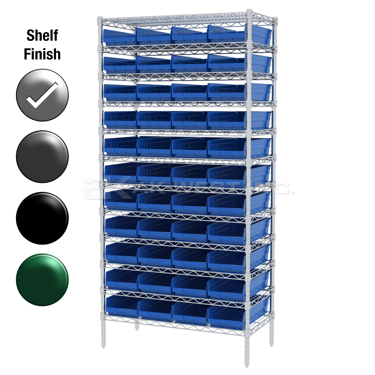 18"D x 36"W x 74"H Chrome Shelf w/ (12) Shelves and (44) 30158s