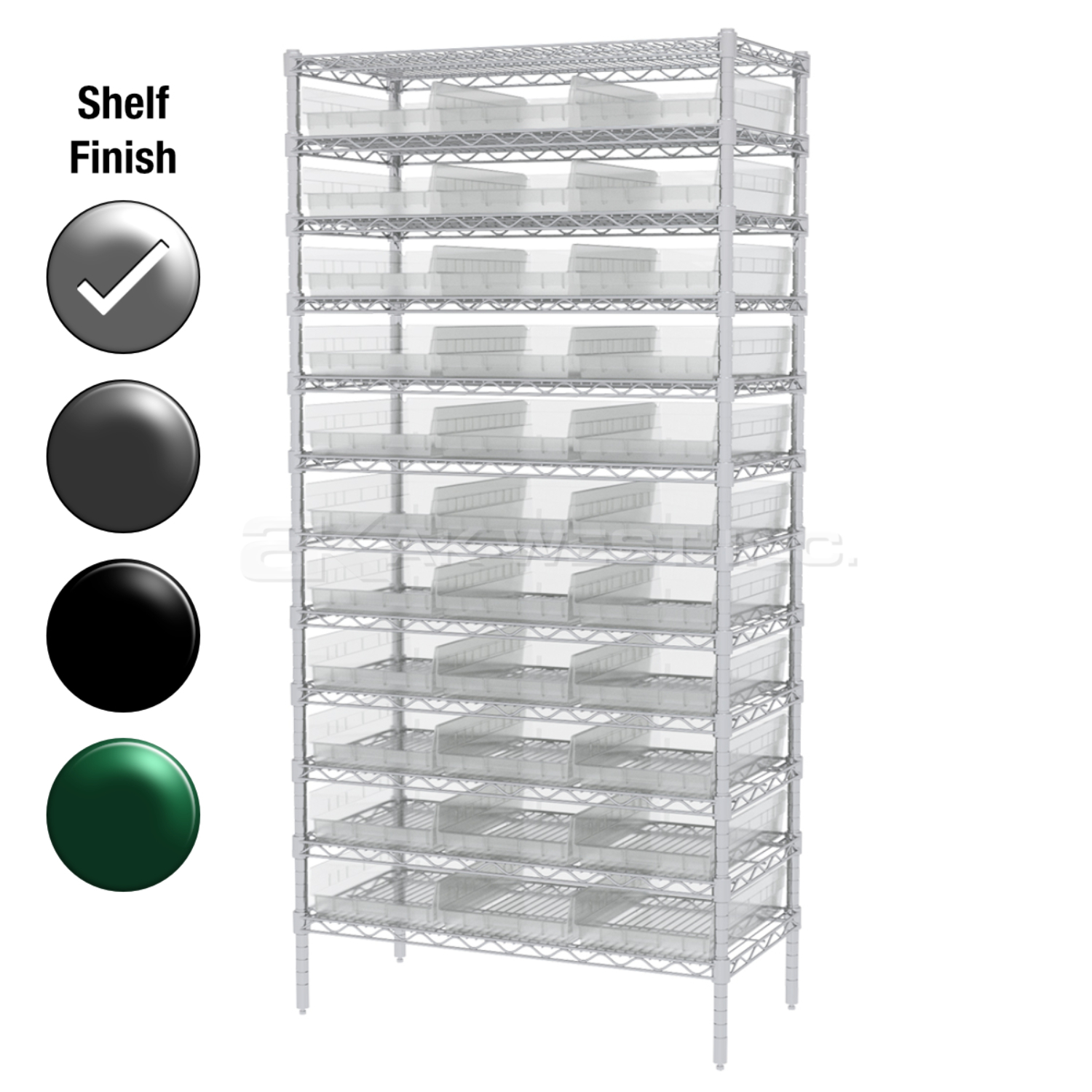 18"D x 36"W x 74"H Chrome Shelf w/ (12) Shelves and (33) 30178s