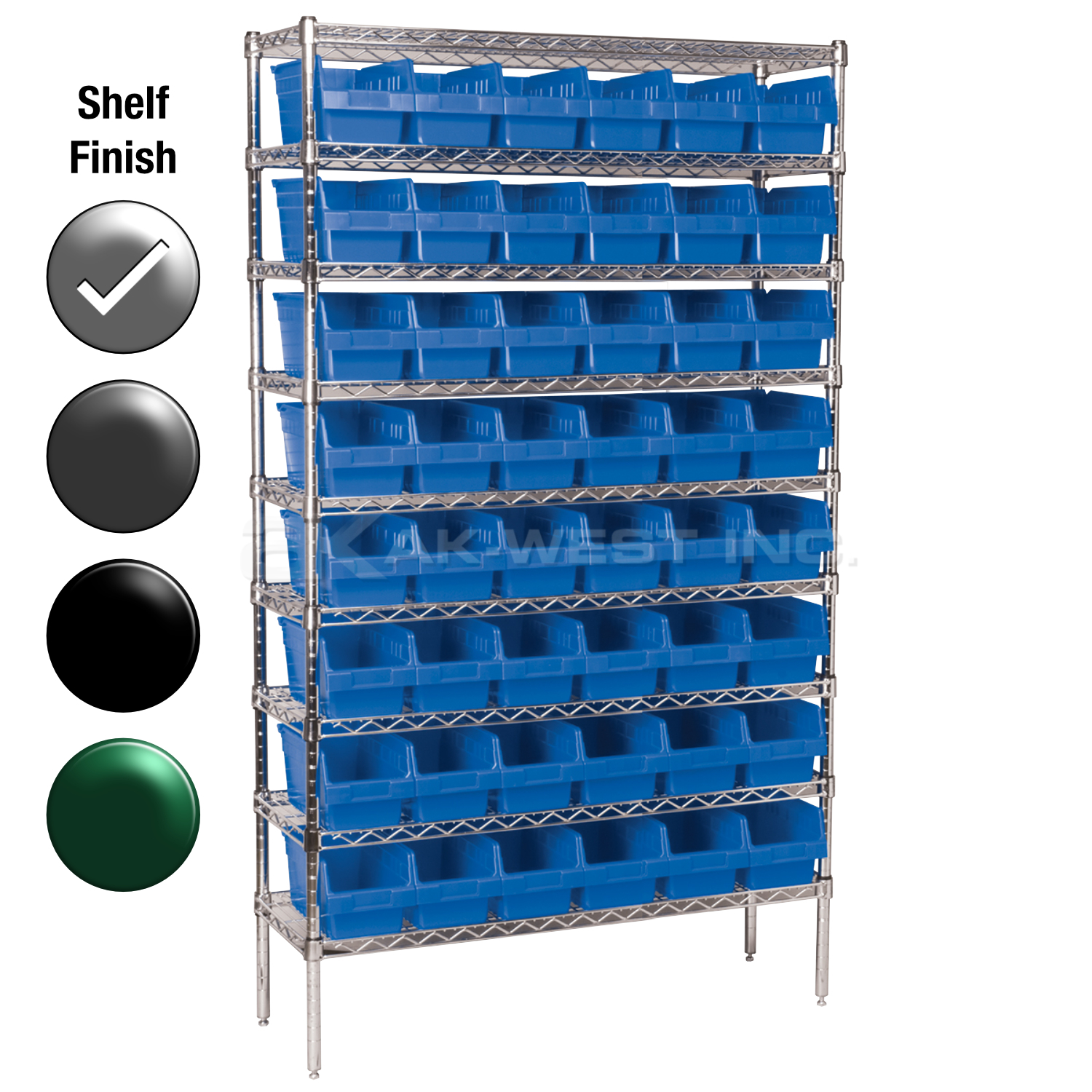 18"D x 48"W x 74"H Chrome Shelf w/ (9) Shelves and (48) 30098s