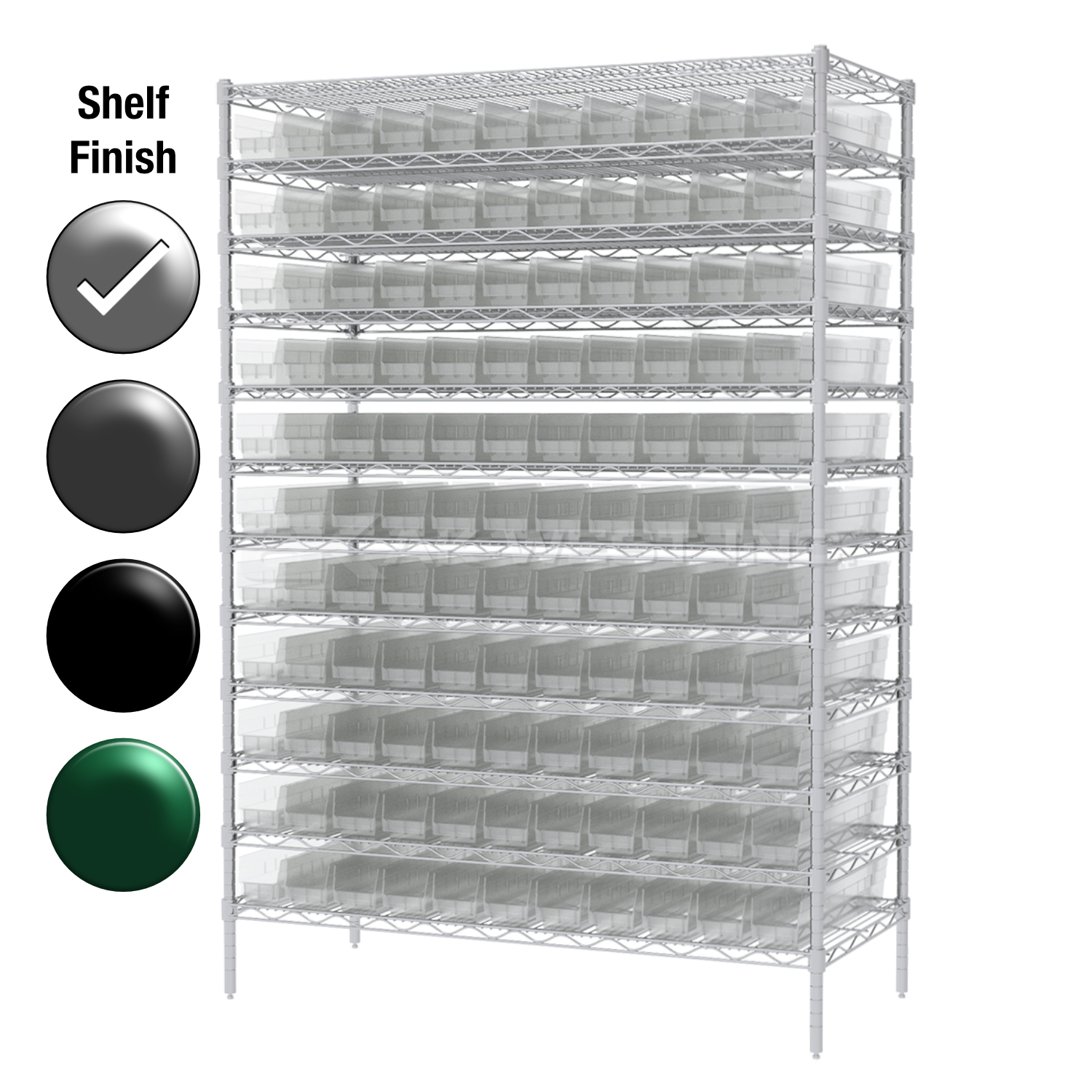 18"D x 48"W x 74"H Chrome Shelf w/ (12) Shelves and (121) 30128s
