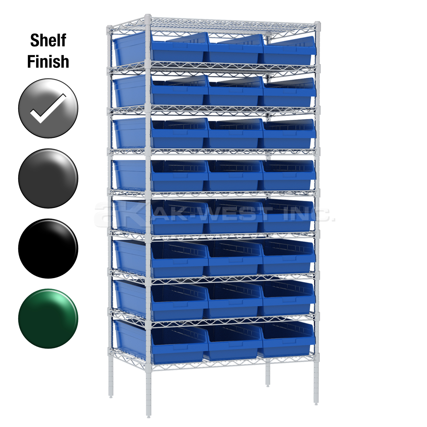 24"D x 36"W x 74"H Chrome Shelf w/ (9) Shelves and (24) 30014s