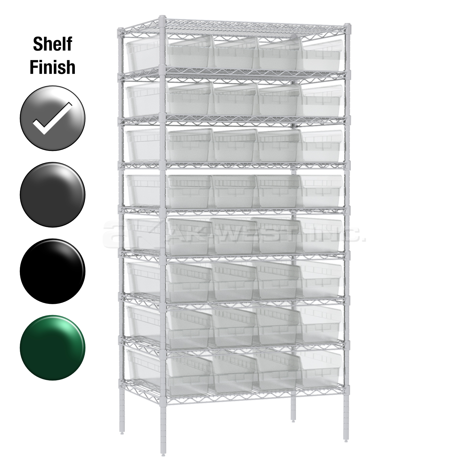 24"D x 36"W x 74"H Chrome Shelf w/ (9) Shelves and (32) 30084s
