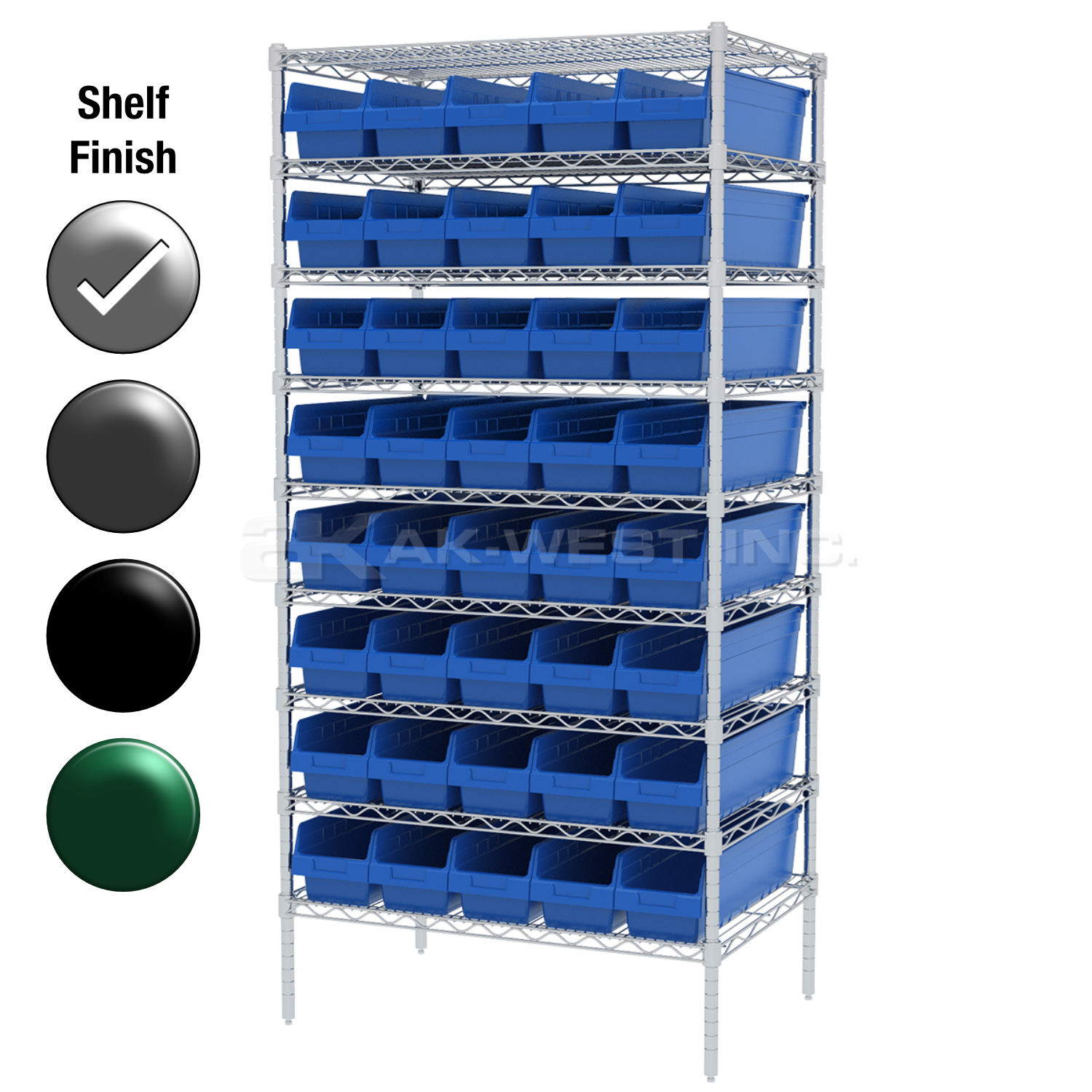 24"D x 36"W x 74"H Chrome Shelf w/ (9) Shelves and (40) 30094s