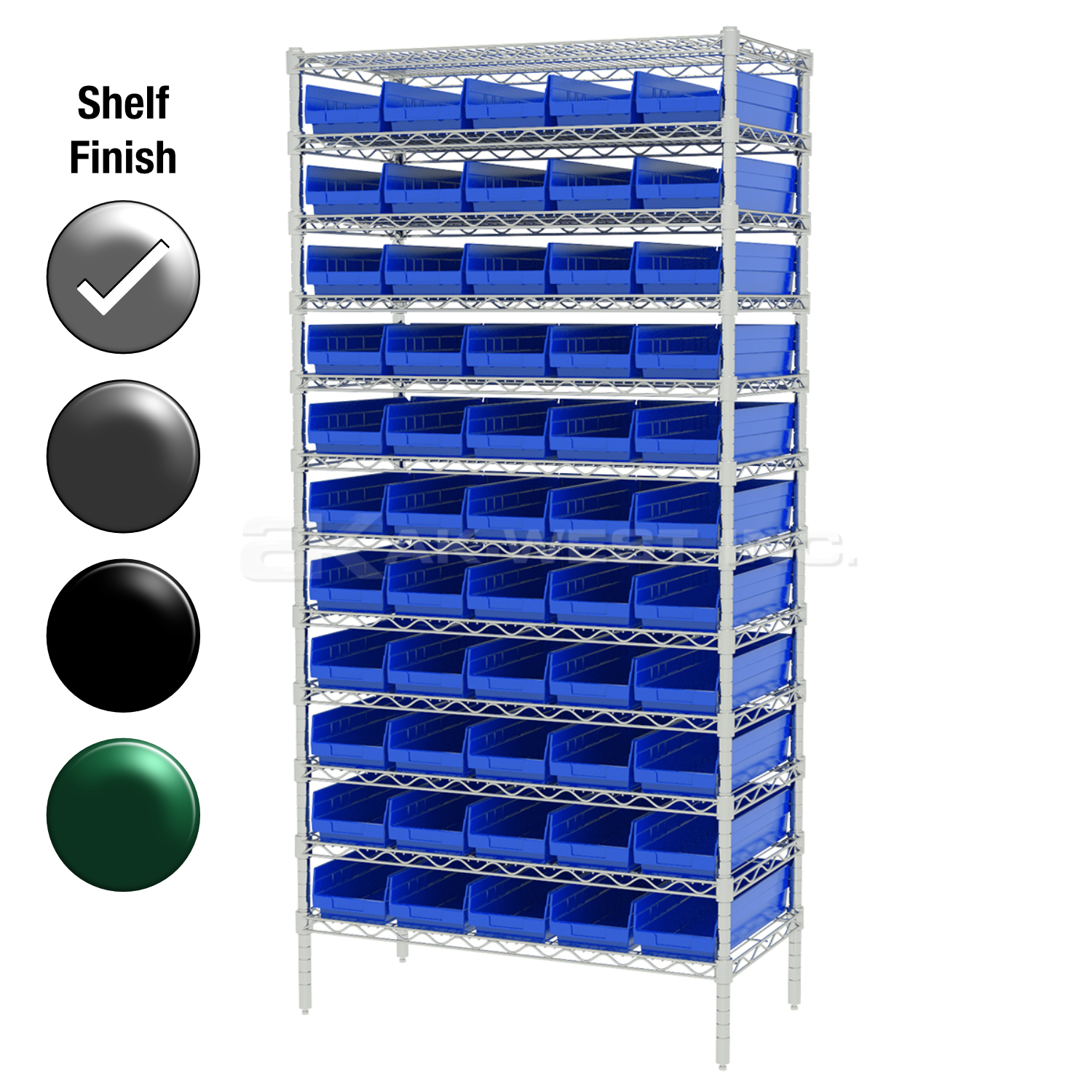 24"D x 36"W x 74"H Chrome Shelf w/ (12) Shelves and (55) 30164s