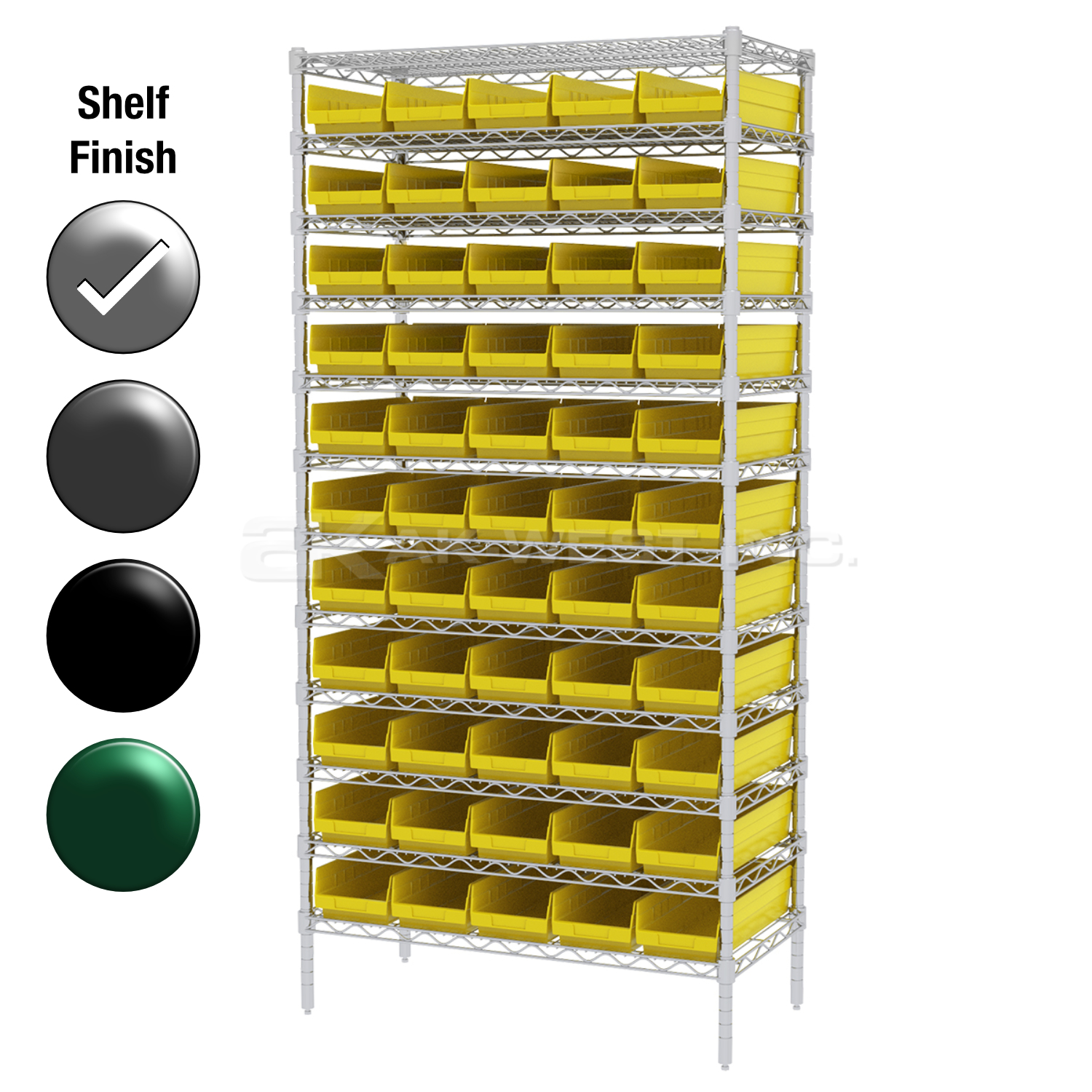 24"D x 36"W x 74"H Chrome Shelf w/ (12) Shelves and (55) 30164s