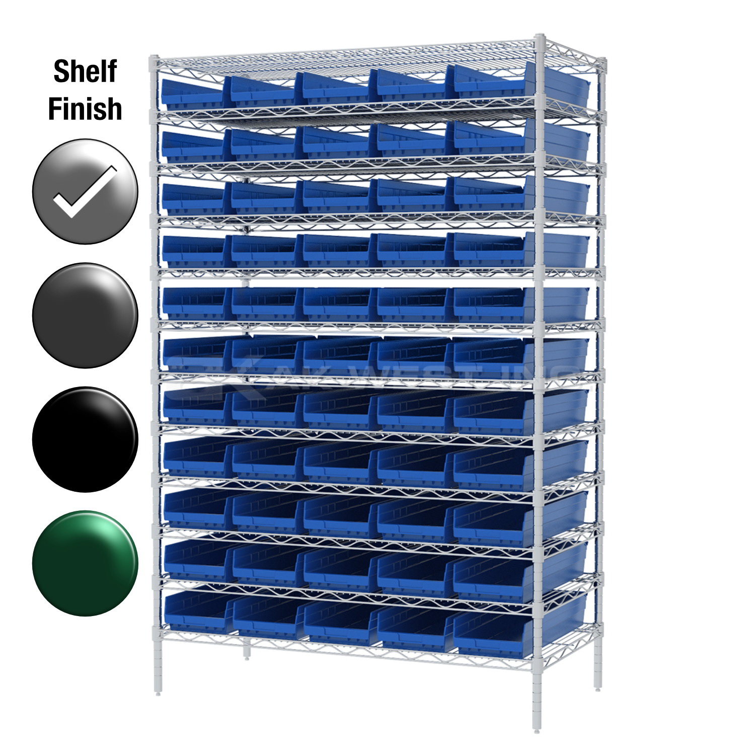 24"D x 48"W x 74"H Chrome Shelf w/ (12) Shelves and (55) 30184s