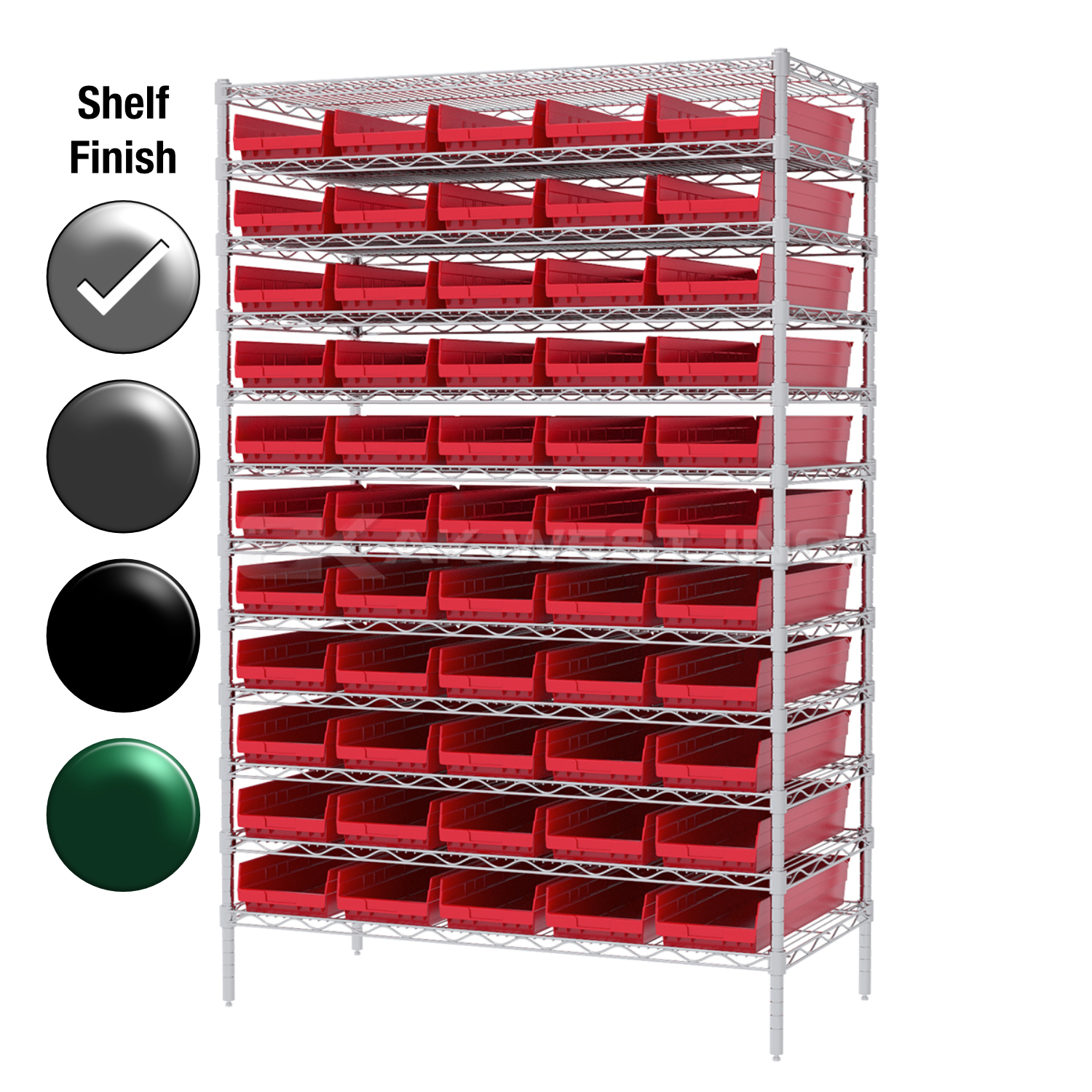 24"D x 48"W x 74"H Chrome Shelf w/ (12) Shelves and (55) 30184s