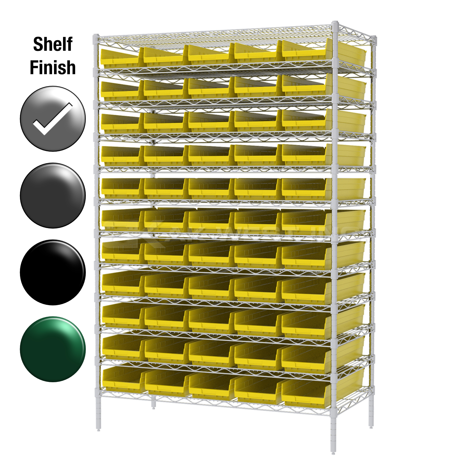 24"D x 48"W x 74"H Chrome Shelf w/ (12) Shelves and (55) 30184s