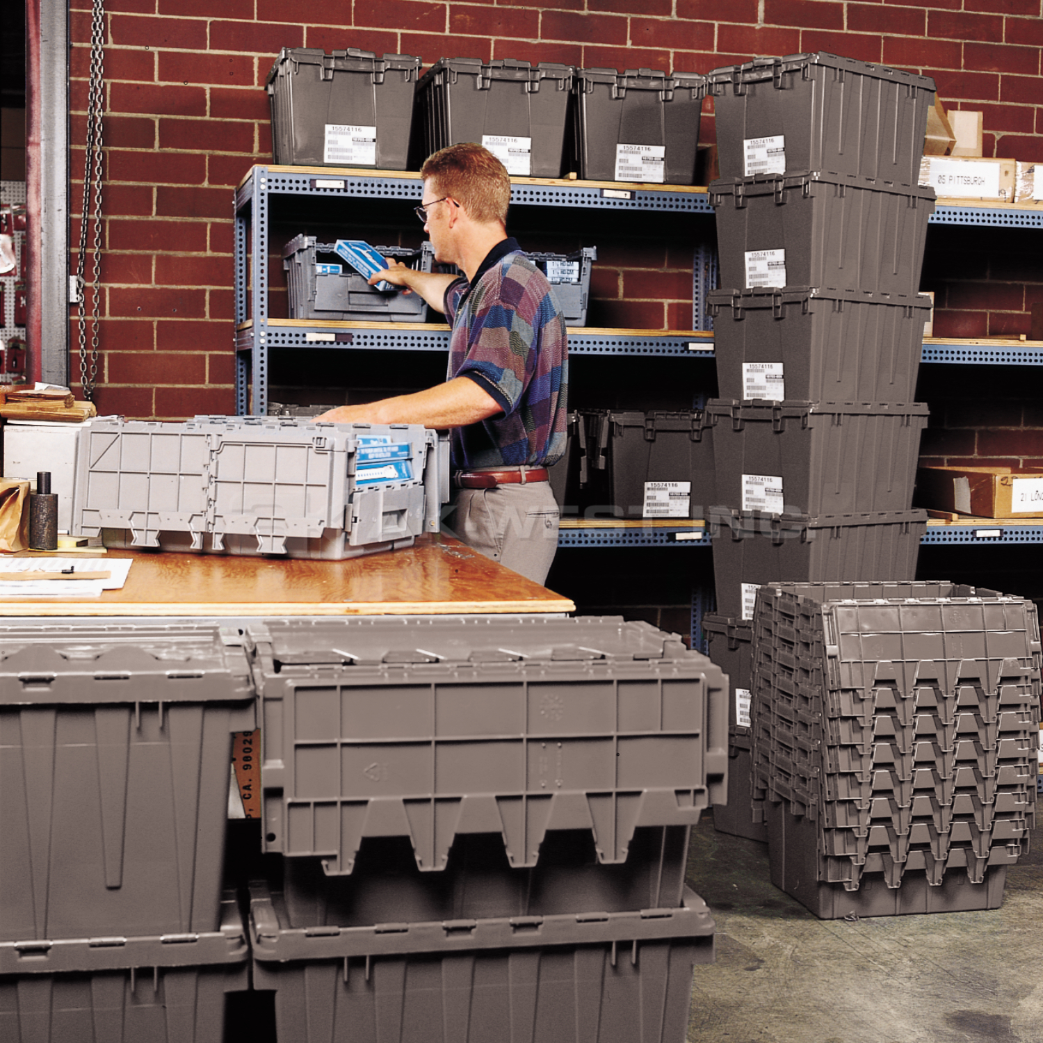 Grey, 27" x 17" x 12" Attached Lid Container, Traction Bottom
