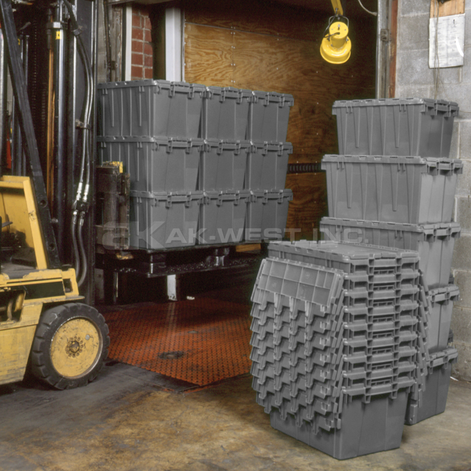 Grey, 27" x 17" x 12" Attached Lid Container, Traction Bottom