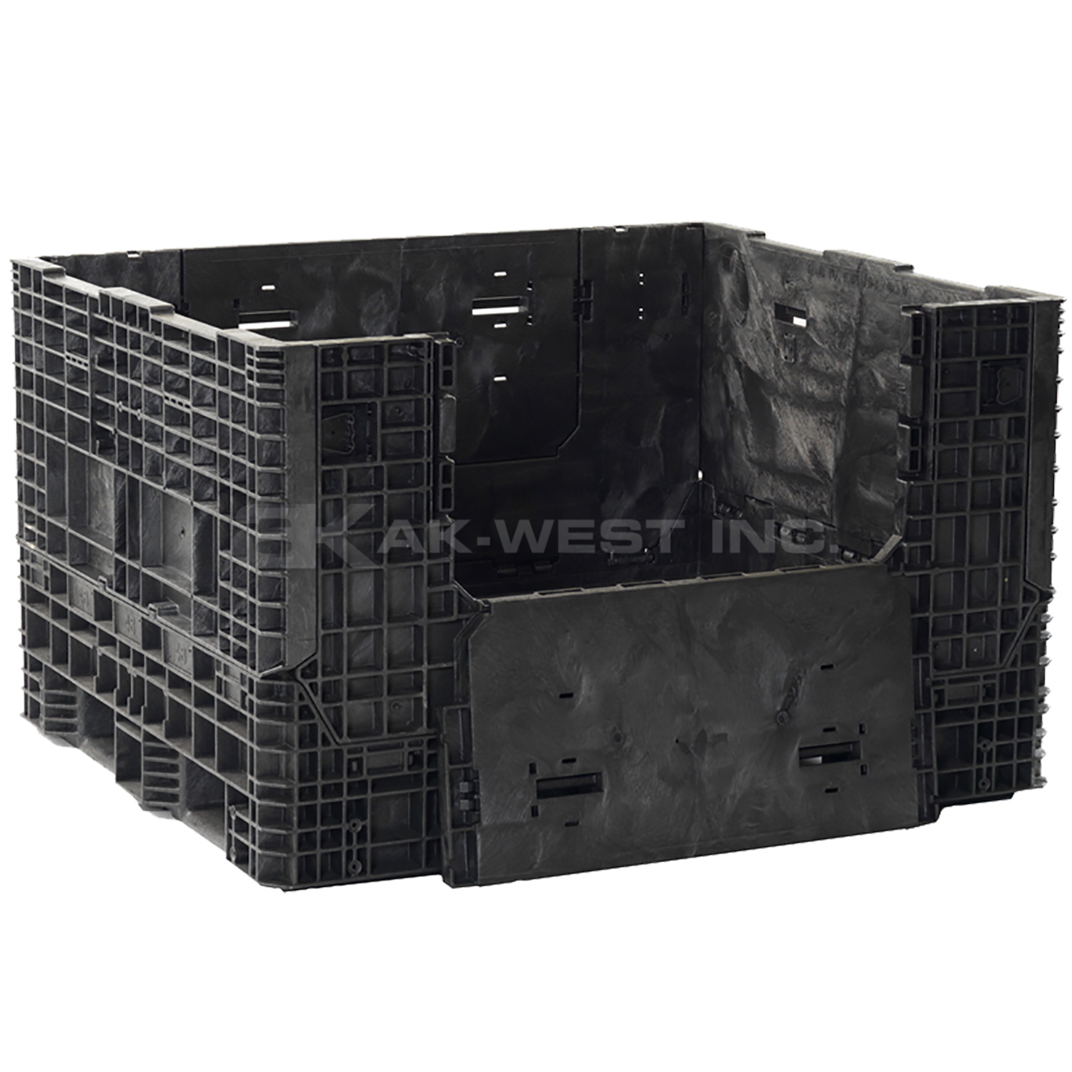 Black, 57-1/4" x 48" x 34", Extended Length Bulk Box, 2 Side Gates, 2000lbs Cap.