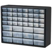 Black, 20" x 6-3/8" x 15-13/16" Plastic Storage Cabinet w/ 44 Drawers - Large Drawer Size 6" x 4-9/16" x 2-3/16", Small Drawer Size 6" x 2-7/32" x 1-9/16"