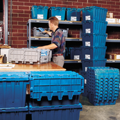 Blue, 27" x 17" x 12" Attached Lid Container, Traction Bottom